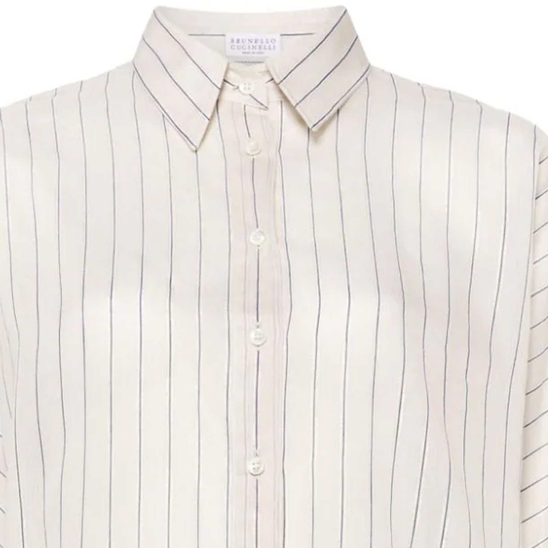 Details for (W) 브루넬로 쿠치넬리 SS24 화이트 스트라이프 패턴 루즈핏 버튼업 셔츠. MH776MG206-C044