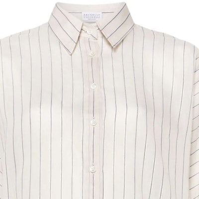 (W) 브루넬로 쿠치넬리 SS24 화이트 스트라이프 패턴 루즈핏 버튼업 셔츠. MH776MG206-C044 Details for (W) 브루넬로 쿠치넬리 SS24 화이트 스트라이프 패턴 루즈핏 버튼업 셔츠. MH776MG206-C044