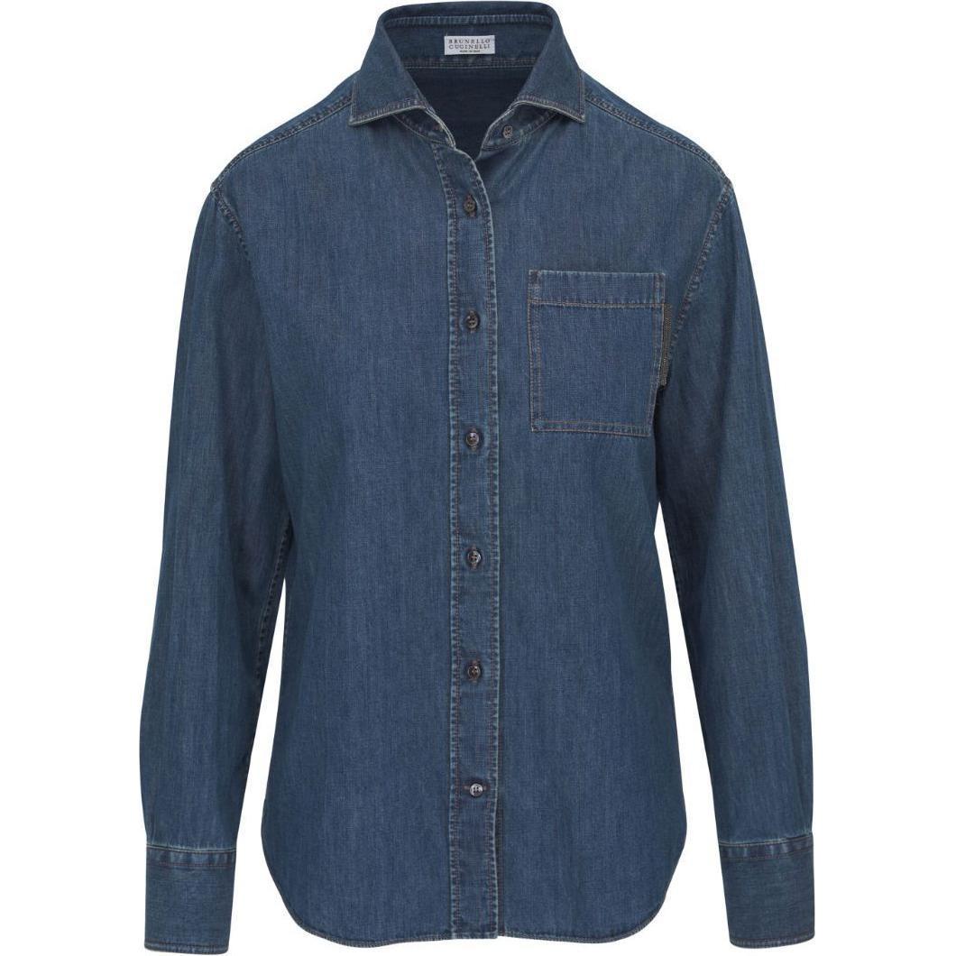 (Women) Brunello Cucinelli SS24 Beaded Single-Breasted Denim Shirt Women’s Blue. MP781ML426-C8983