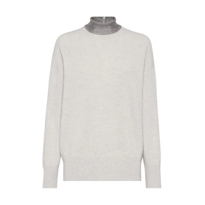 (Women) Brunello Cucinelli SS24 Chain Detail Ribbed Cashmere Sweater Women Off-White. M12191114-C9610