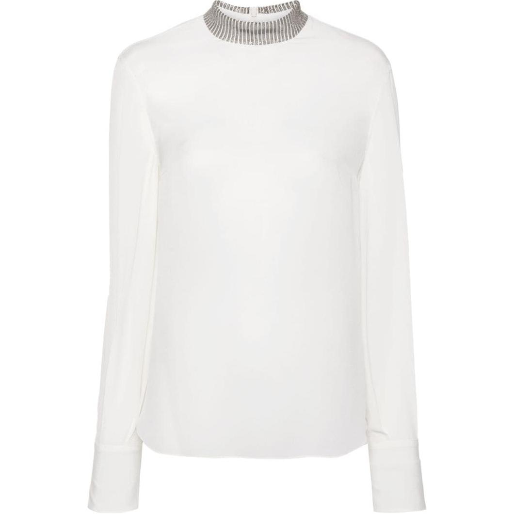(Women) Brunello Cucinelli SS24 Chain Detail Zip Collar Long Sleeve Shirt Women White MB993HR214-C600