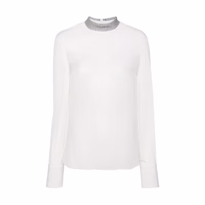 (Women) Brunello Cucinelli SS24 Chain Detail Zip Collar Long Sleeve Shirt Women White MB993HR214-C600