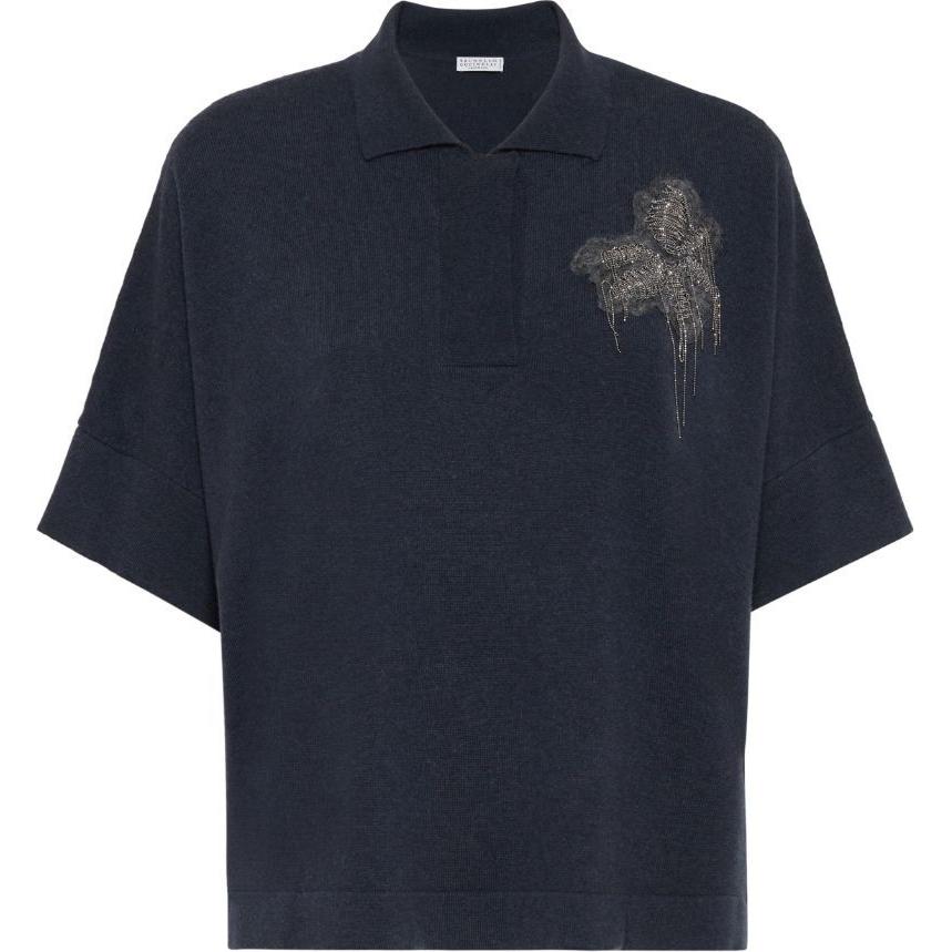 (Women) Brunello Cucinelli SS24 Floral Embroidered Cashmere Ribbed Sweater Women Midnight Blue M12140505C-7186