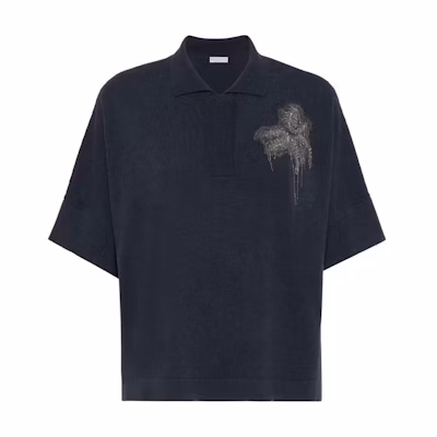 (Women) Brunello Cucinelli SS24 Floral Embroidered Cashmere Ribbed Sweater Women Midnight Blue M12140505C-7186