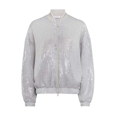 (Women) Brunello Cucinelli SS24 Sequin Embellished Zip Bomber Jacket Women’s Silver MH570SN106-C1010