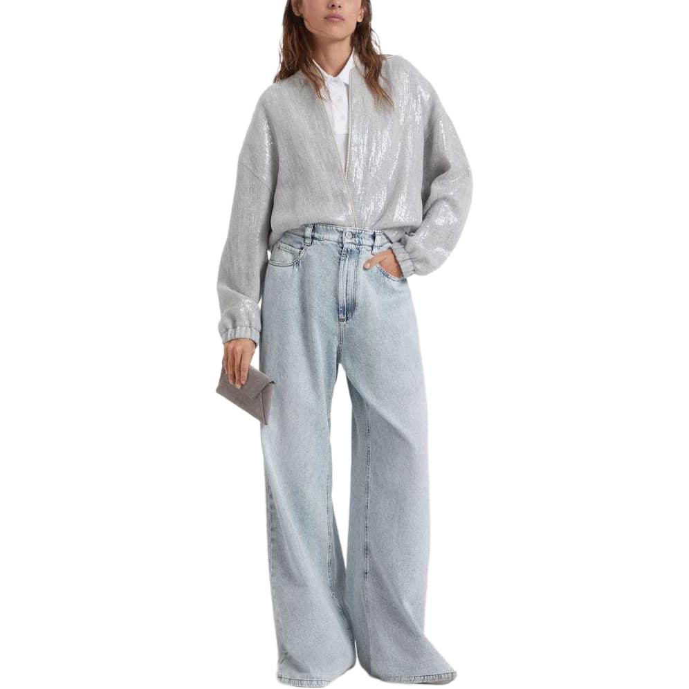 Lookbook (W) Brunello Cucinelli SS24 女款銀色亮片拉鍊飛行夾克 MH570SN106-C1010