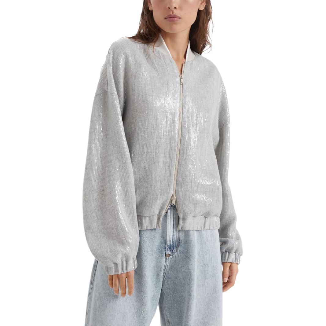 Purchase (W) Brunello Cucinelli SS24 女款銀色亮片拉鍊飛行夾克 MH570SN106-C1010