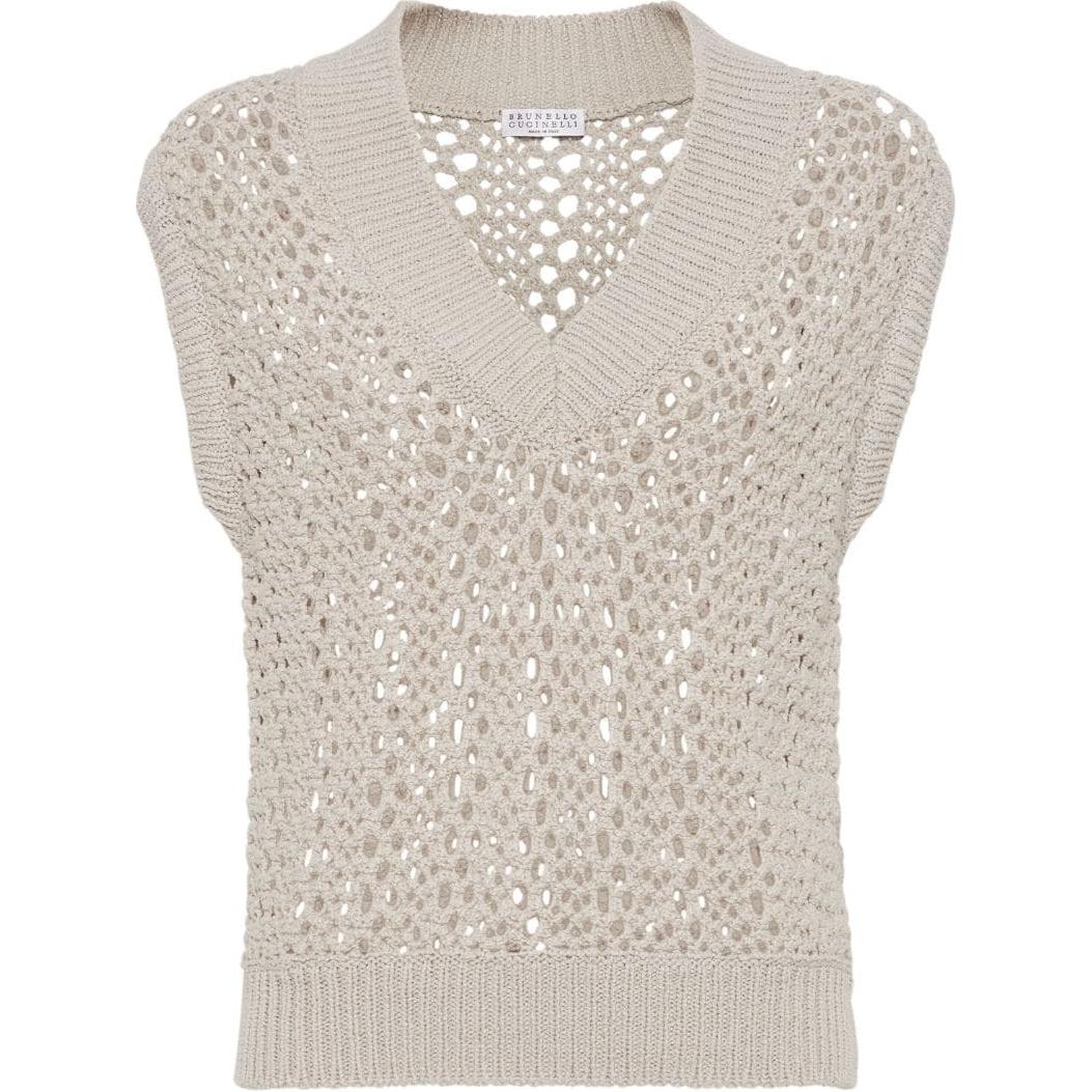 (Women) Brunello Cucinelli SS24 Sleeveless V-Neck Knit Top Women Light Beige MJO343612P-C9593