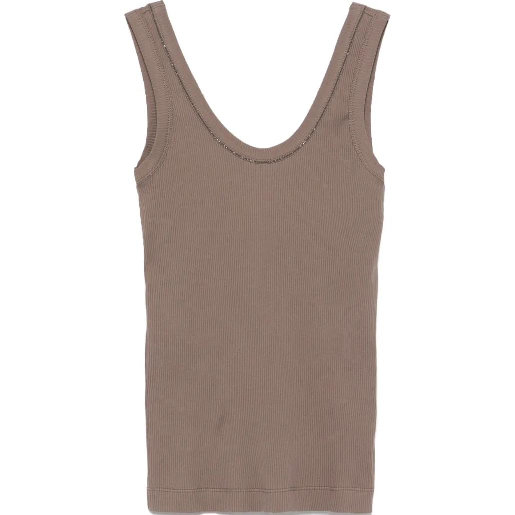 (Women) Brunello Cucinelli SS25 Ribbed Sleeveless Tank Top Taupe. MG902FP100-C8705