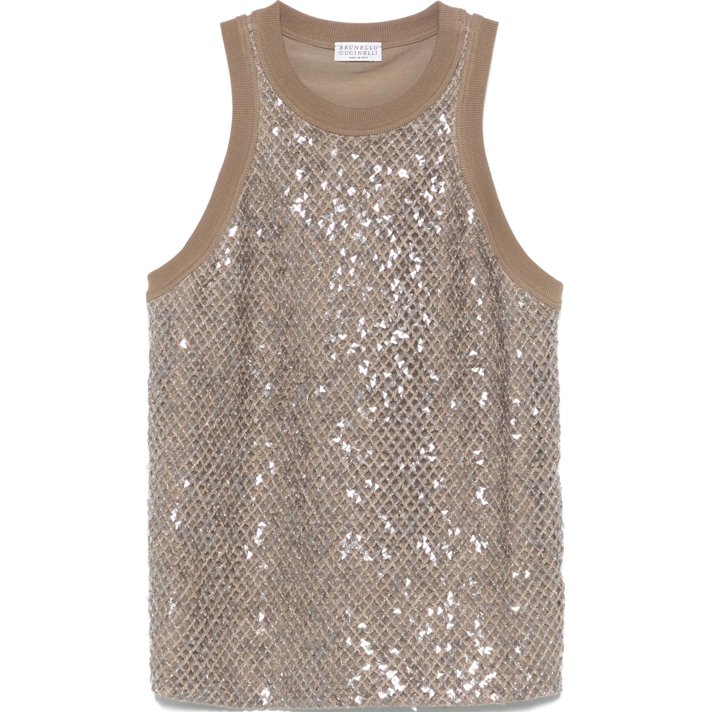 (Women) Brunello Cucinelli SS25 Walnut Brown Sequin Tank Top Sleeveless Shirt M0T18HH500-C9447
