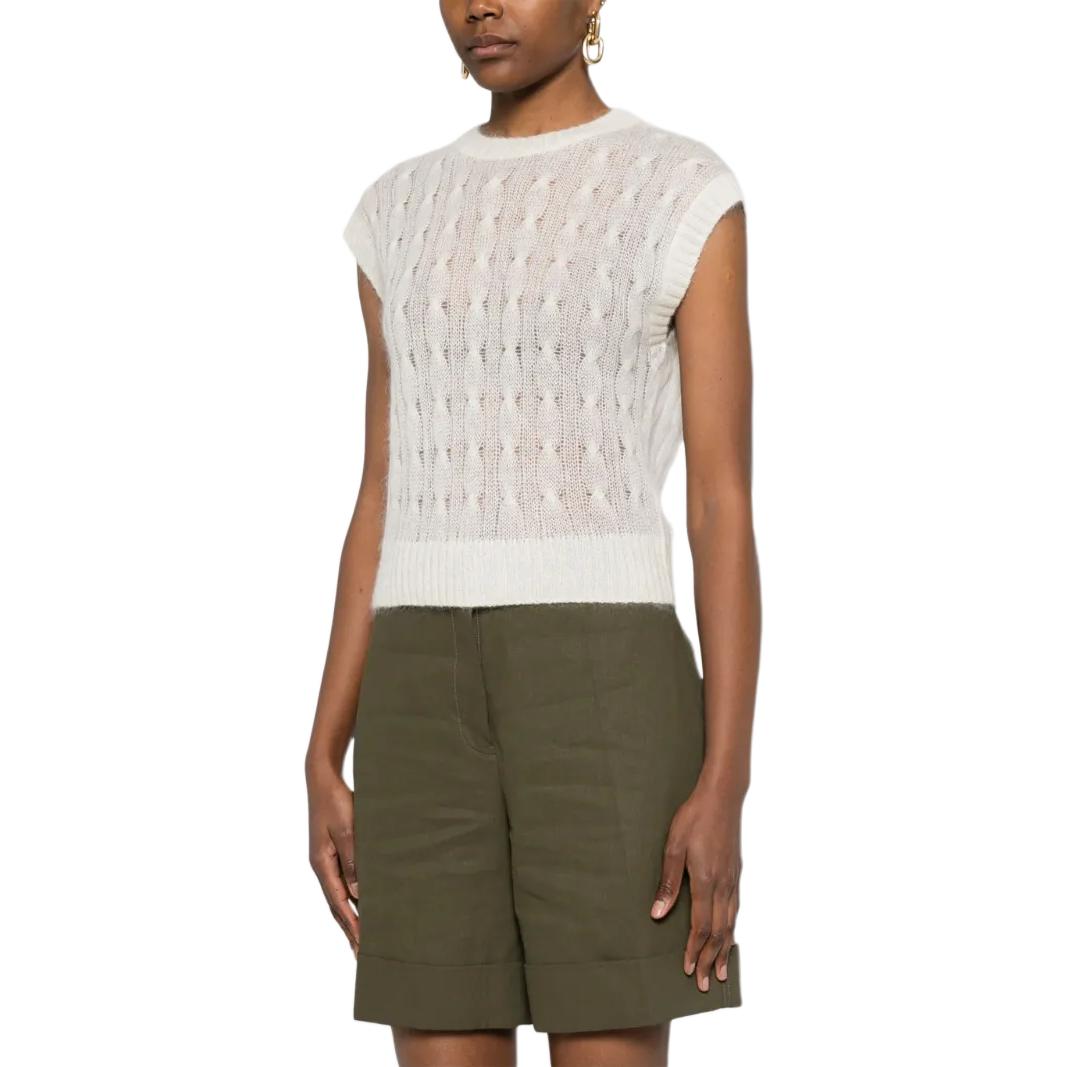 (Women) Brunello Cucinelli SS25 White Chunky Cable Knit Sweater Vest. M2I778100-C3588