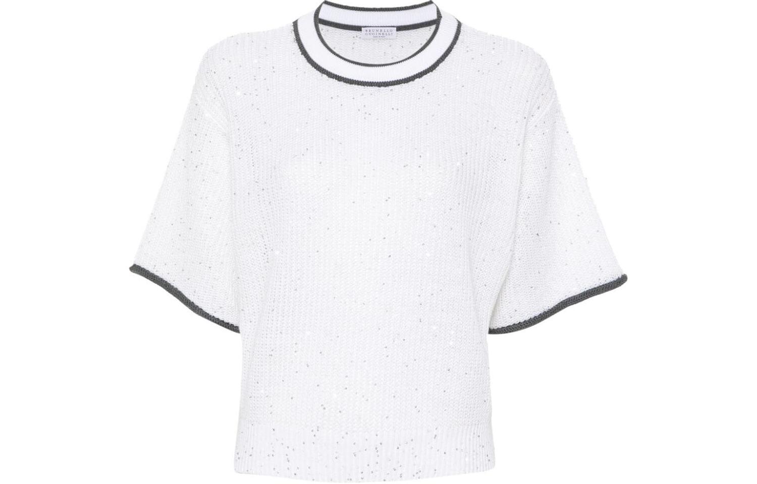 Order (W) Brunello Cucinelli 條紋圓領寬鬆短袖毛衣 女士 白色 MCO55590-0C159