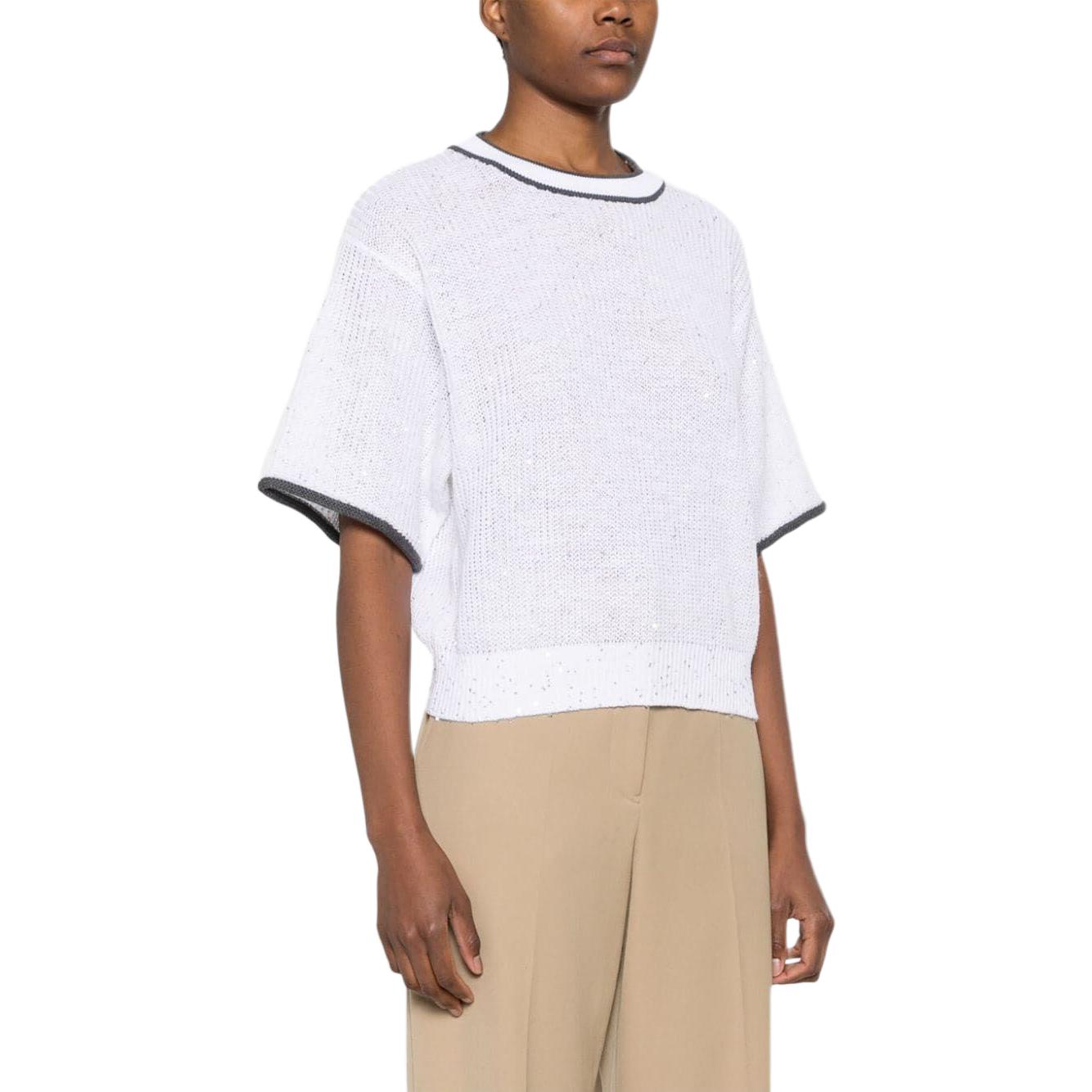 Purchase (W) Brunello Cucinelli 條紋圓領寬鬆短袖毛衣 女士 白色 MCO55590-0C159