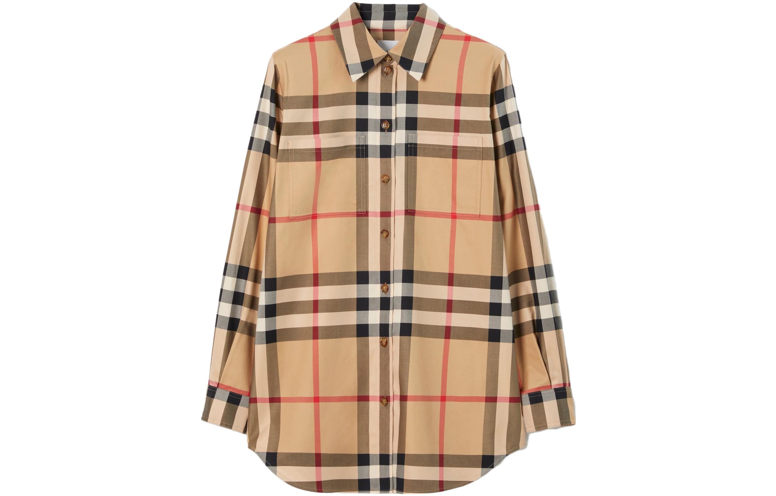 (Women) Burberry  Beige Check Button-Down Long Sleeve Shirt. 80713381