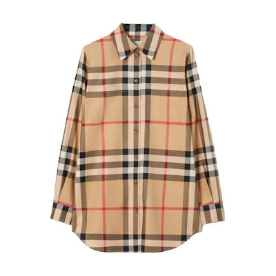 (Women) Burberry Beige Check Button-Down Long Sleeve Shirt. 80713381