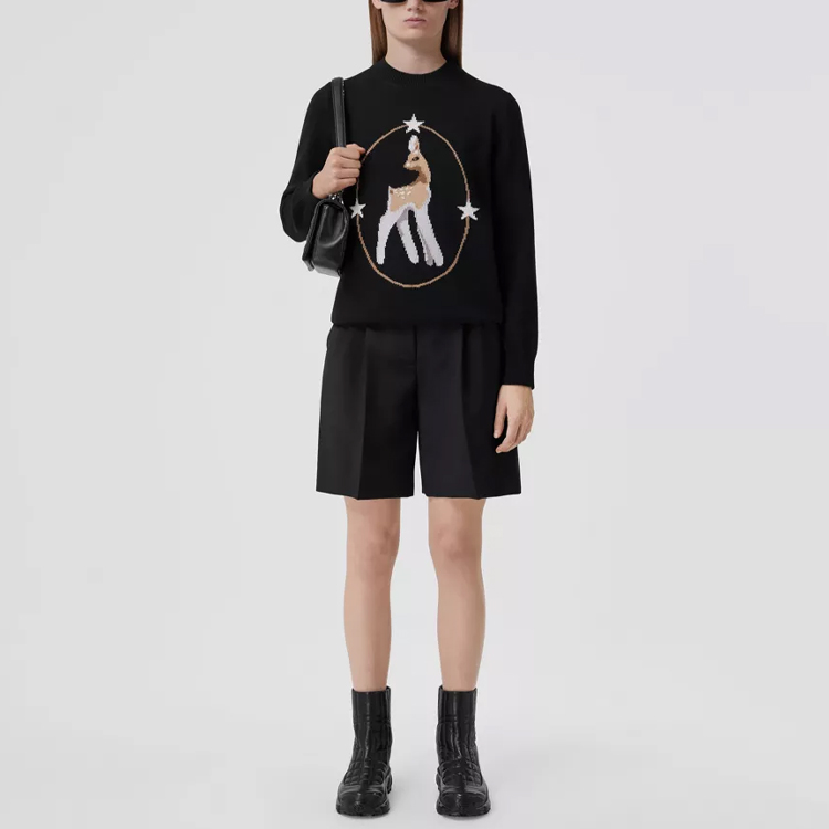 Shop (Women) Burberry  Black Deer Intarsia Wool-Blend Sweater Pullover. 80506121