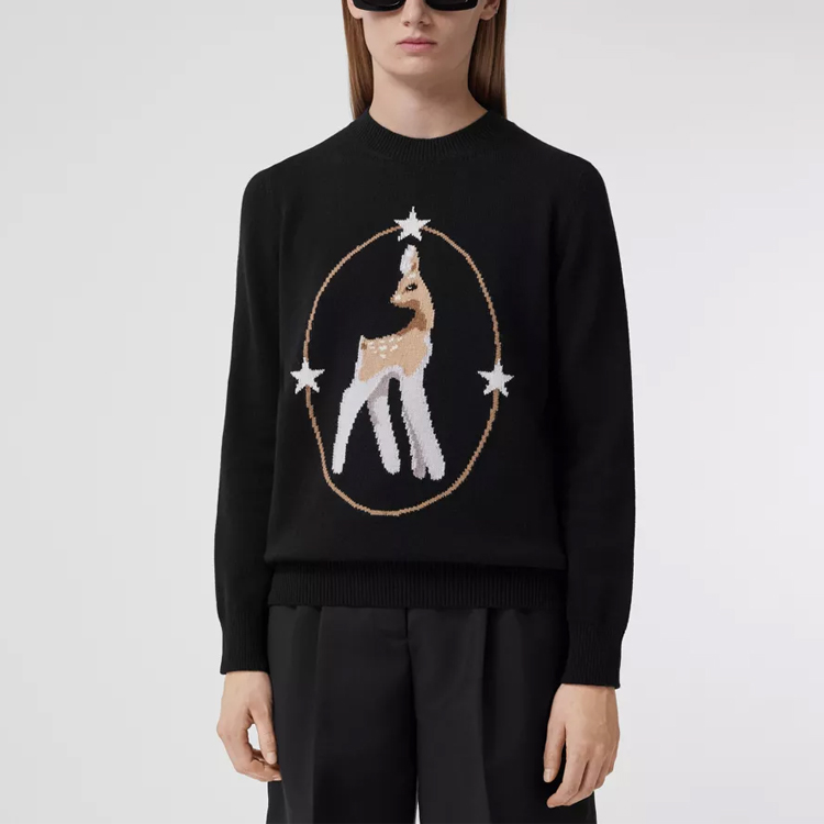 Purchase (Women) Burberry  Black Deer Intarsia Wool-Blend Sweater Pullover. 80506121