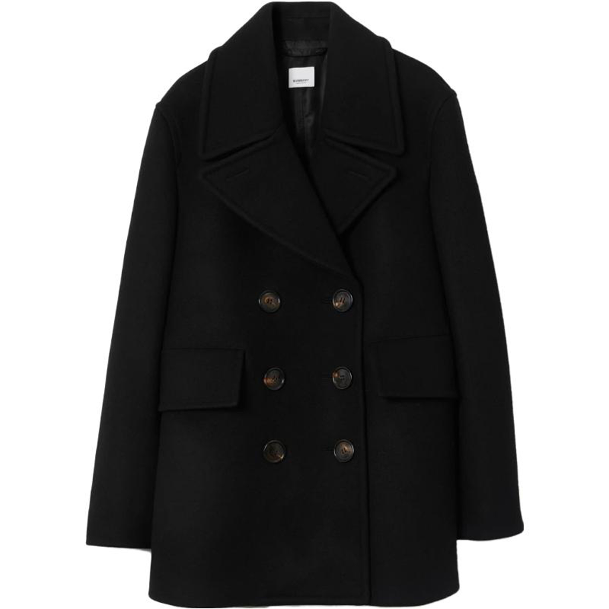 (Women) Burberry  Black Double-Breasted Long Trench Coat with Lapel Collar. 80726841