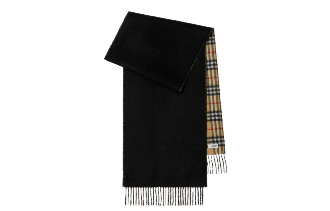 (Women) Burberry  Black Double-Sided Logo Patch Check Wool Scarf. 80746741