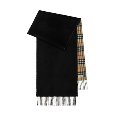 (Women) Burberry Black Double-Sided Logo Patch Check Wool Scarf. 80746741