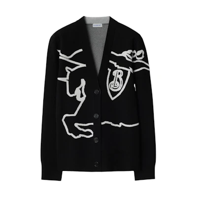 (Women) Burberry Black Equestrian Knight V-Neck Button Knit Cardigan. 80951841