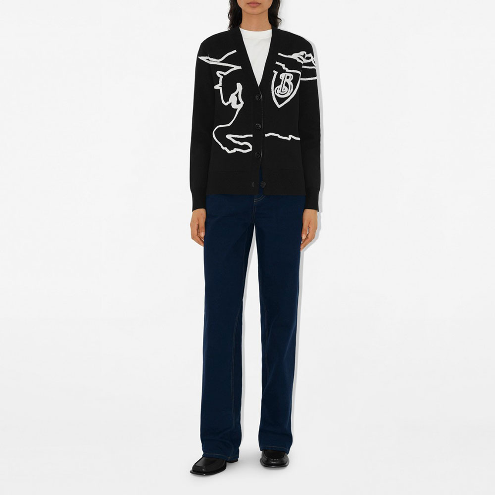Lookbook (Women) Burberry  Black Equestrian Knight V-Neck Button Knit Cardigan. 80951841