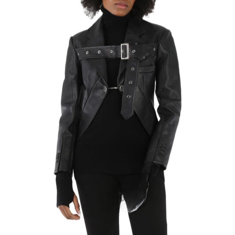 Shop (Women) Burberry  Black Leather Jacket with Solid Ring Design Stand Collar. 45598491