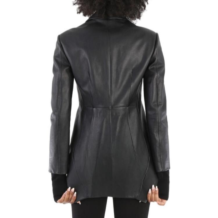 Purchase (Women) Burberry  Black Leather Jacket with Solid Ring Design Stand Collar. 45598491