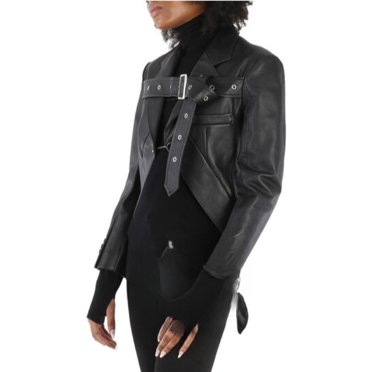 Sizing (Women) Burberry  Black Leather Jacket with Solid Ring Design Stand Collar. 45598491