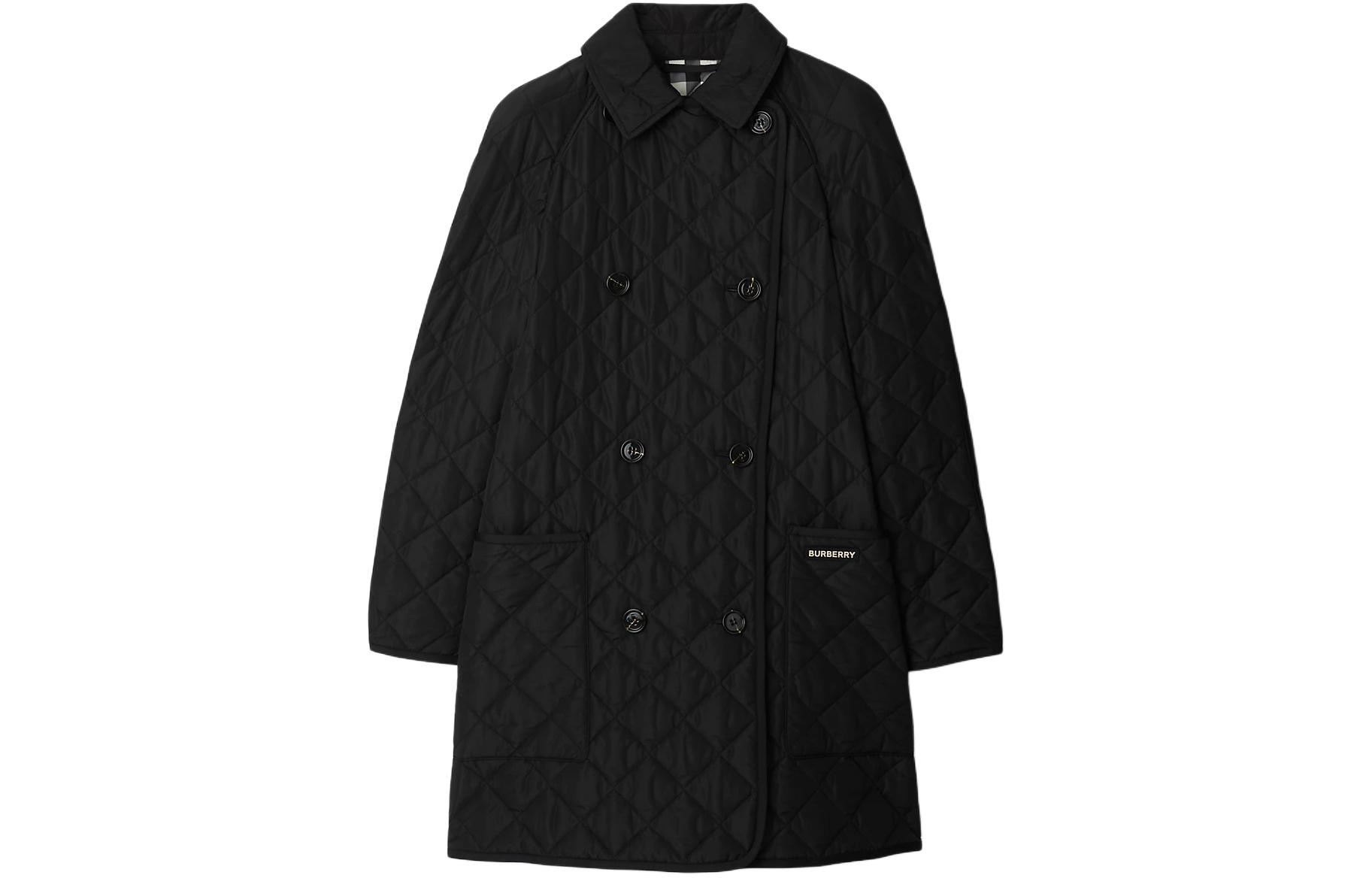 (Women) Burberry  Black Letter Print Double-Breasted Mid-Length Cotton Jacket 80841991