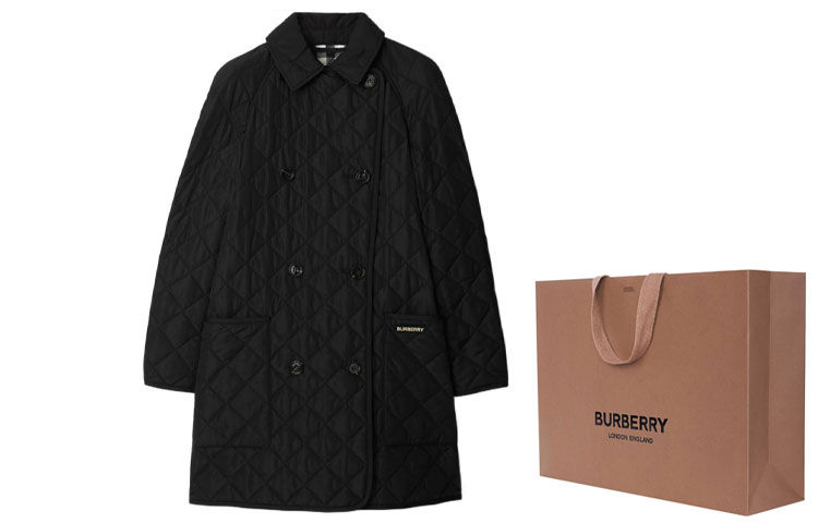 Shop (W) Abrigo Burberry Negro Doble Botonadura Estampado Letras Largo Medio de Algodón. 80841991