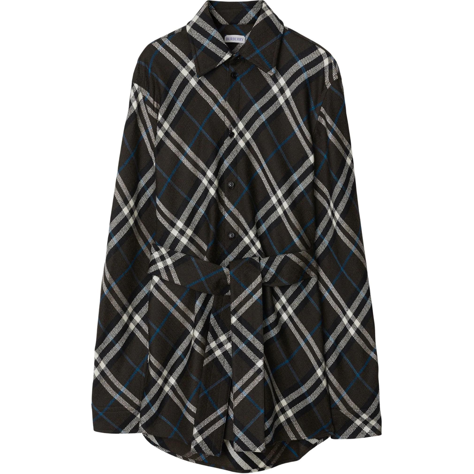 (Women) Burberry  Black Long Sleeve Midi Shirt Dress with Check Collar and Belt. 80941531