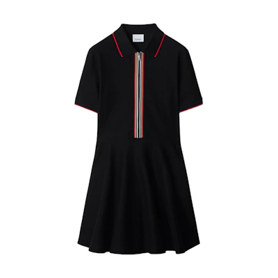 (Women) Burberry Black Short-Sleeve Zip Dress with Striped Trim. 80844171