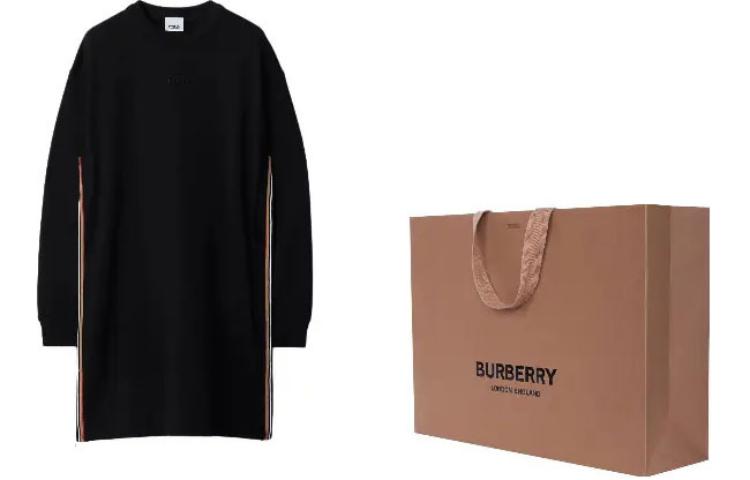 Shop (W) Burberry Gaun Lengan Panjang Hitam Berjalur dengan Logo Sulaman 80844341