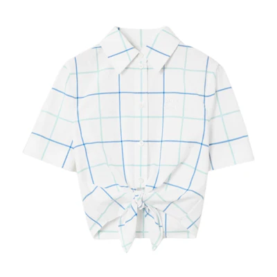 (Women) Burberry Blue Checked Short-Sleeve Button-Up Shirt 80717921