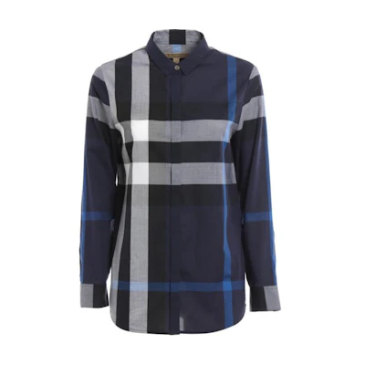 (Women) Burberry Blue Checkered Long-Sleeve Button-Up Shirt 40177141