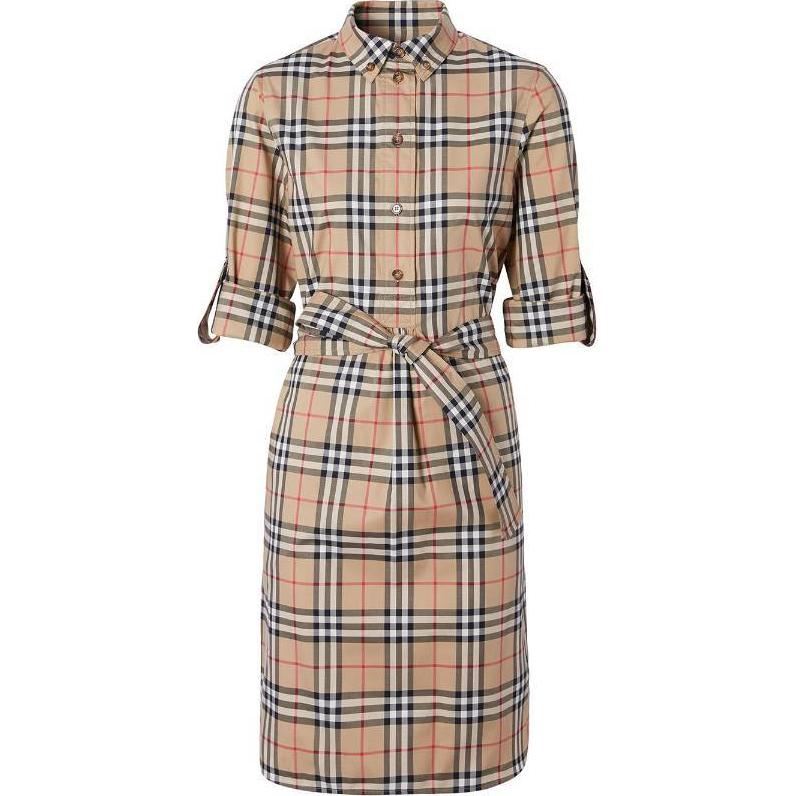 (Women) Burberry  Brown Check Belted Mid-Length Slim Fit Long-Sleeve Dress 8085647