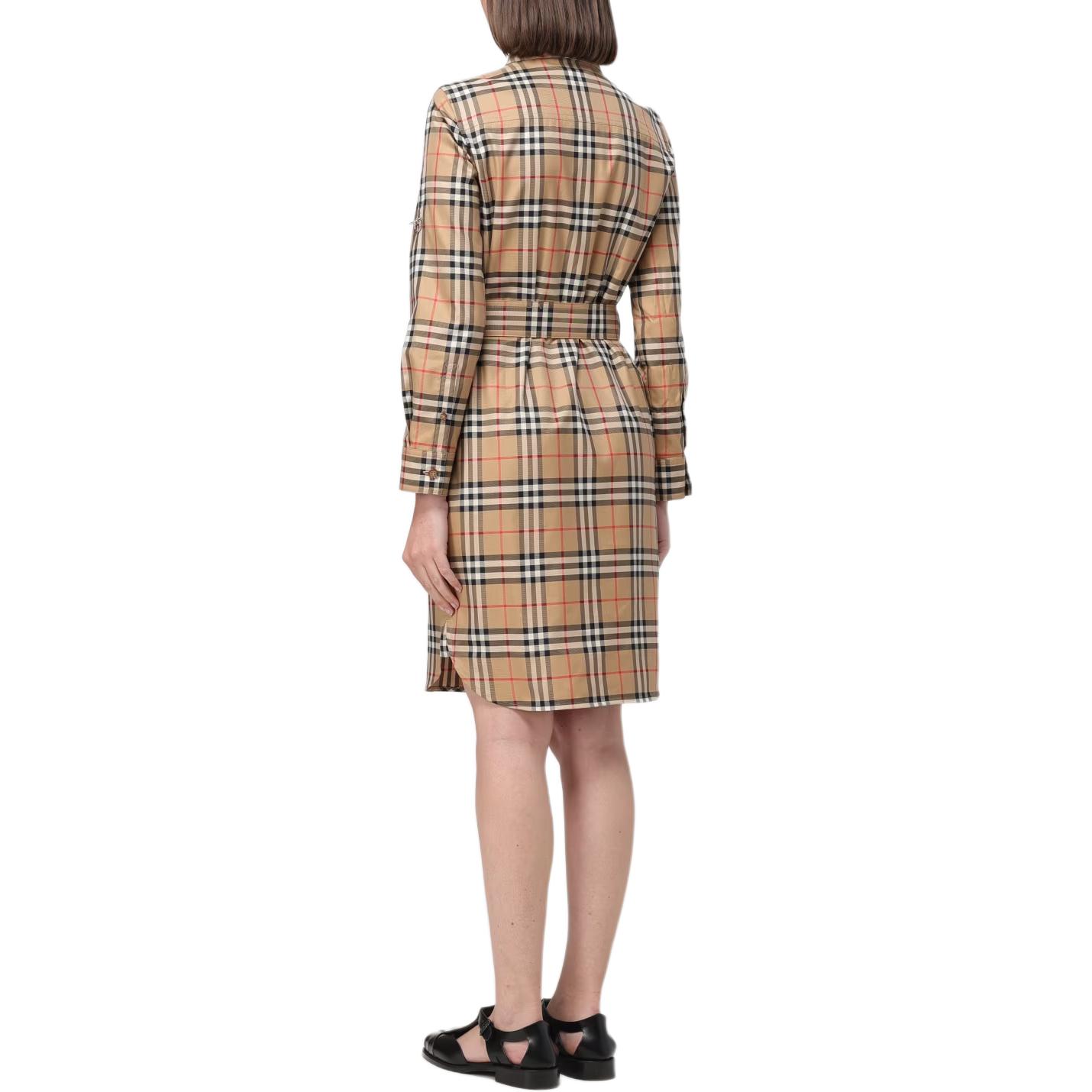 Shop (W) 버버리 브라운 체크 벨티드 슬림핏 미디 롱슬리브 드레스 8085647