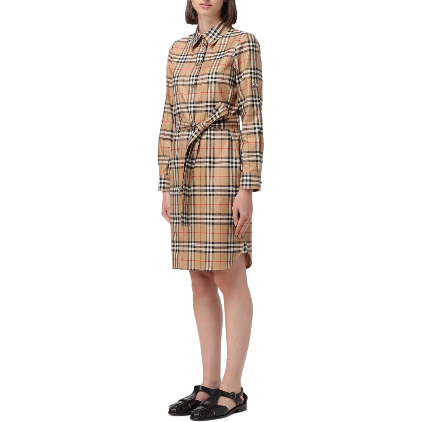 Purchase (W) 버버리 브라운 체크 벨티드 슬림핏 미디 롱슬리브 드레스 8085647