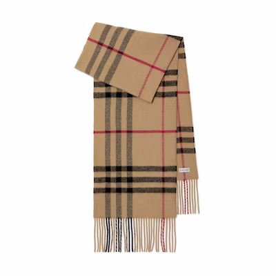 (Women) Burberry Brown Checkered Fringe Logo Wool Scarf 80769971