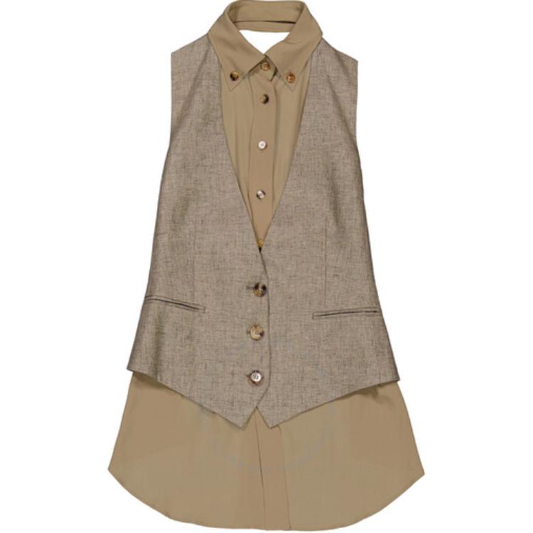 (Women) Burberry  Brown Sleeveless Layered Look Shirt with Point Collar. 45641601