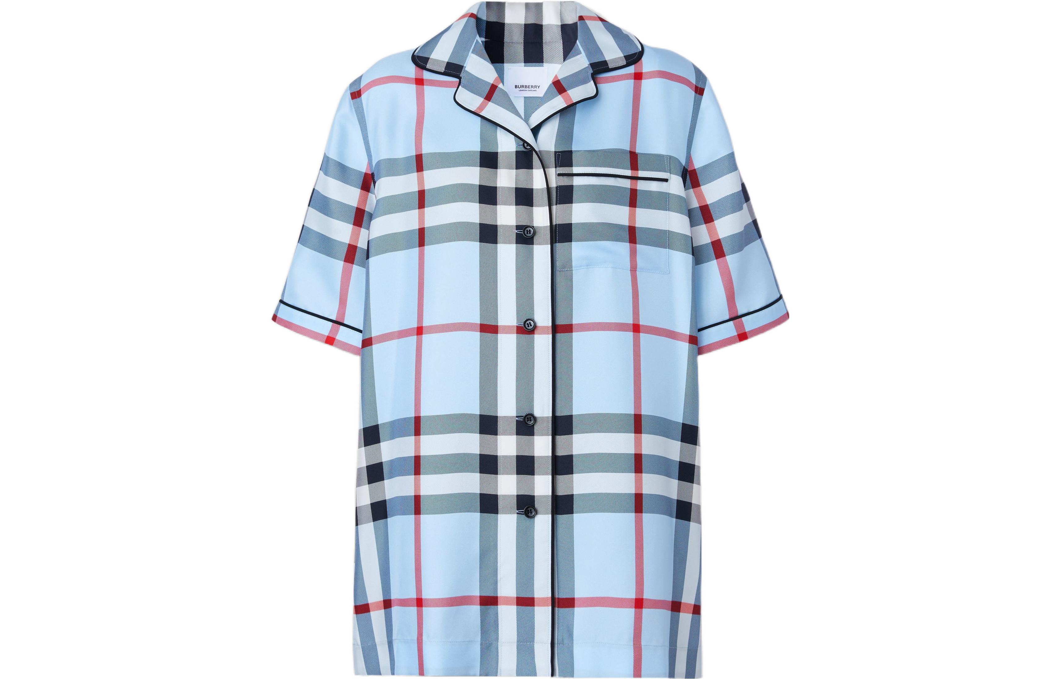 (Women) Burberry  Check Patchwork Short-Sleeve Casual Shirt Light Blue 80534161