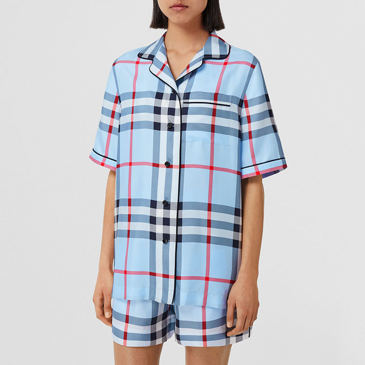 (Women) Burberry  Check Patchwork Short-Sleeve Casual Shirt Light Blue 80534161 圖 5
