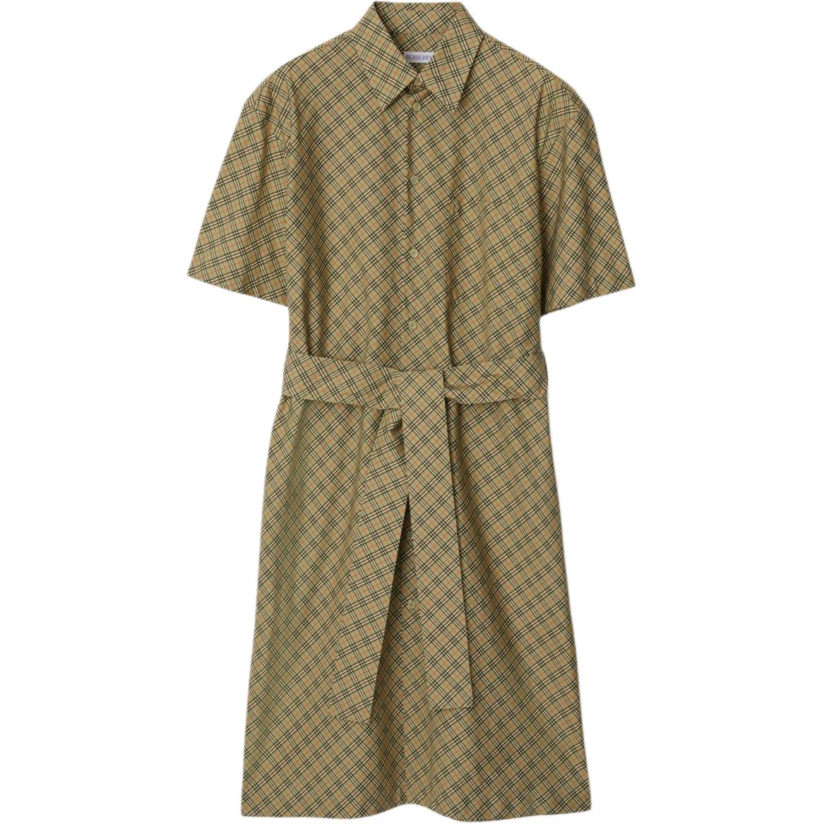 (Women) Burberry  Check Pattern Belted Midi Short-Sleeve Dress Light Brown 80943571