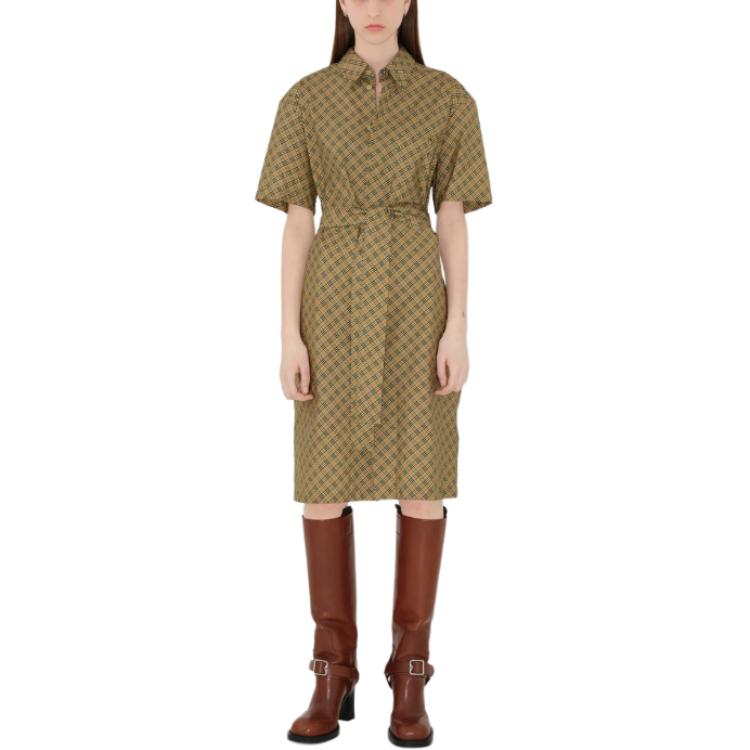 Shop (W) Burberry Gaun Midi Lengan Pendek Motif Check Ikat Pinggang Coklat Muda 80943571