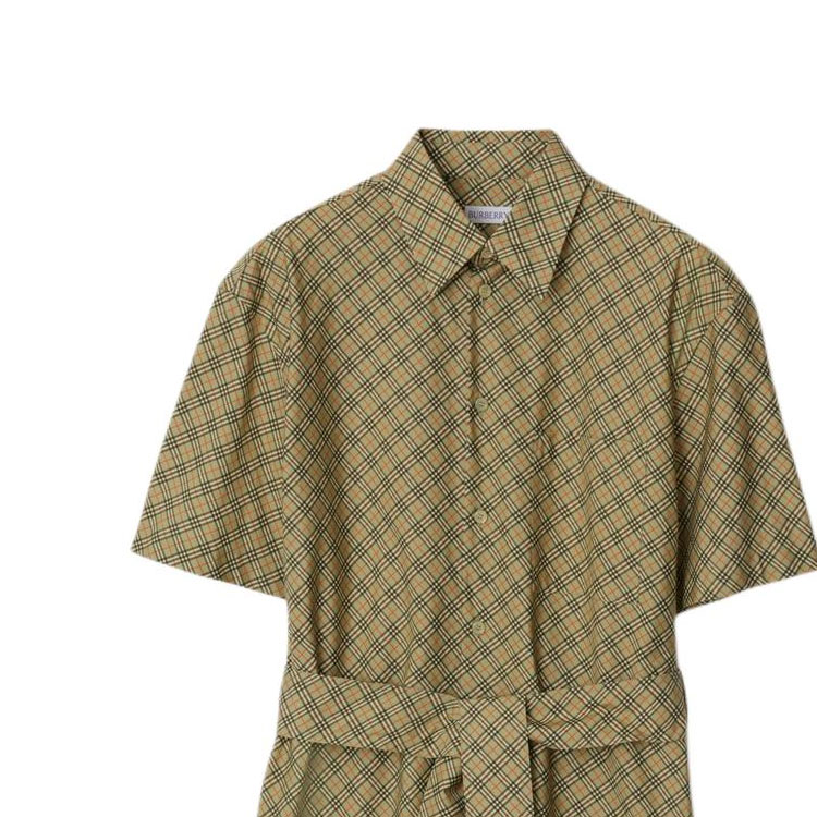 Sizing (W) Burberry Gaun Midi Lengan Pendek Motif Check Ikat Pinggang Coklat Muda 80943571