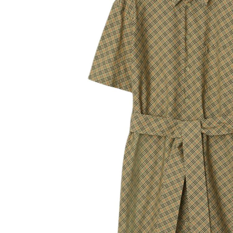 Cheap (W) Burberry Gaun Midi Lengan Pendek Motif Check Ikat Pinggang Coklat Muda 80943571