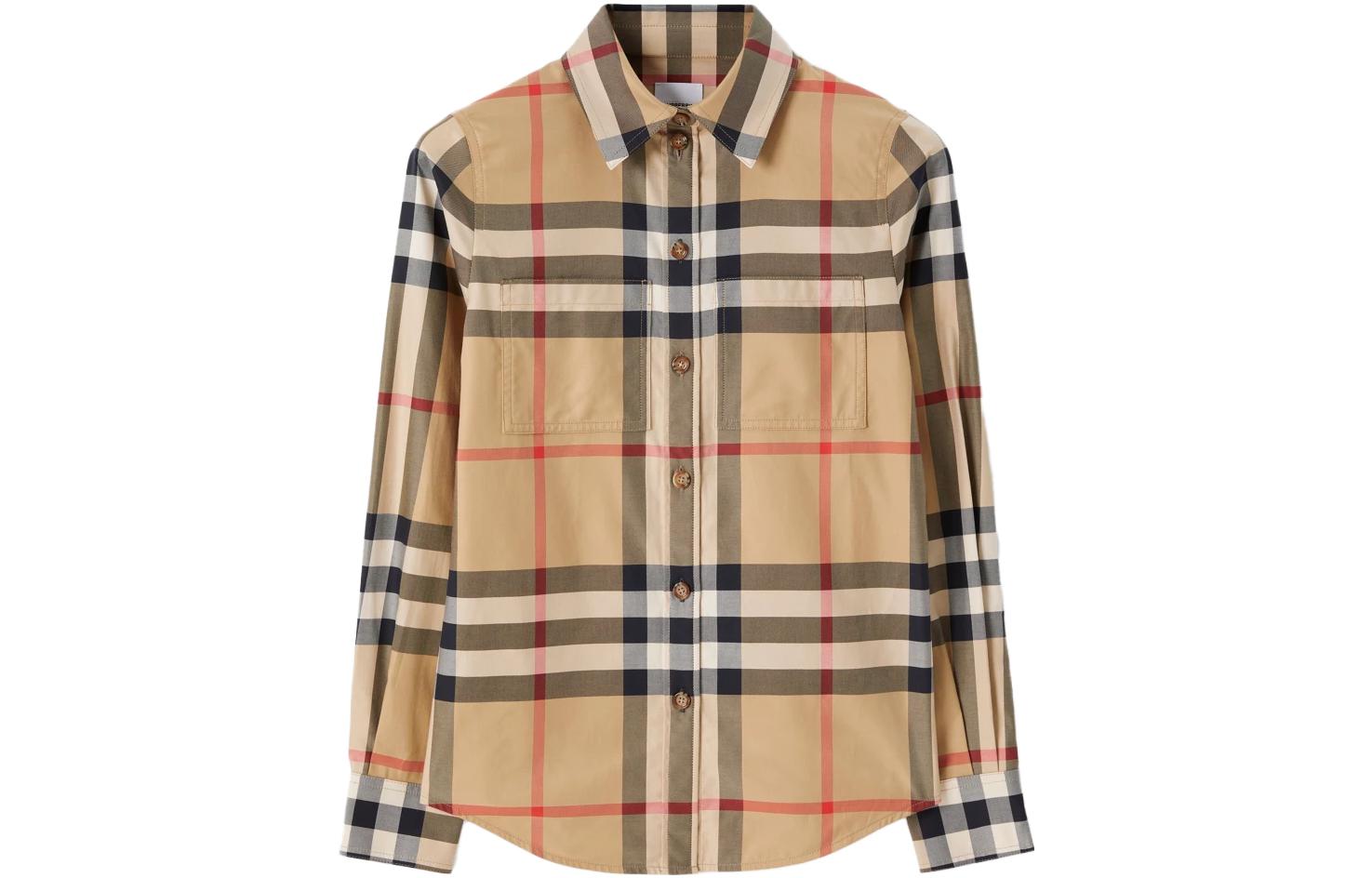 (Women) Burberry  Check Print Long Sleeve Button-Up Shirt Brown 80713401