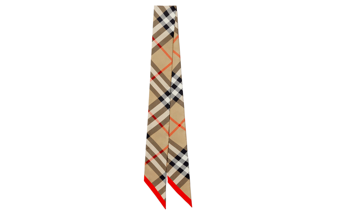 (Women) Burberry  Check Print Tapered Silk Scarf in Khaki. 80881361