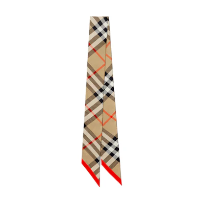 (Women) Burberry Check Print Tapered Silk Scarf in Khaki. 80881361